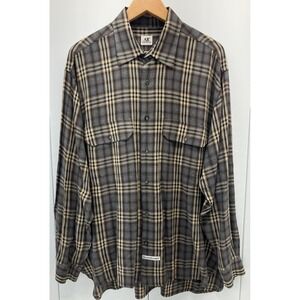 Atlantic Rancher Shirt Mens Large Brown Plaid‎ Rayon Button Front Made Portugal
